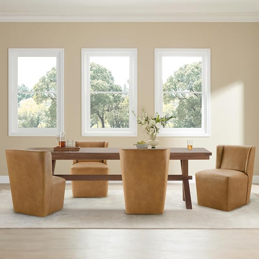 KISLOT Upholstered Dining Chairs Set of 4 with Casters, Wingback Modern Side Armless Deskchair with Rollers for Diningroom Bedroom Livingroom Reading Room, Brown Faux Leather