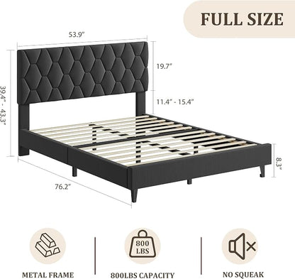 GAOMON Grey Full Bed Frame with Upholstered Headboard,Heavy-Duty Platform Bed Frame with Strong Wood Slats, No Box Spring Needed/Easy Assembly/Noise Free