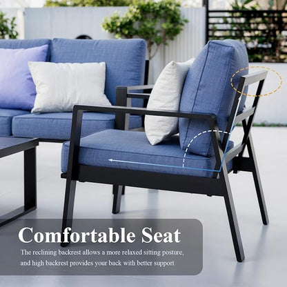 Aluminum Outdoor Patio Furniture Set, 4 Piece Sectional Coversation Sets with Coffee Table, Modern Outdoor Sofa Couch with Thick Cushions for Porch, Balcony, Garden (Black/Blue)
