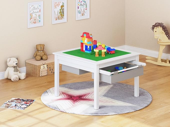 UTEX 2 in 1 Kids Construction Play Table with Storage (White) | with Storage Drawers and Built in Plate