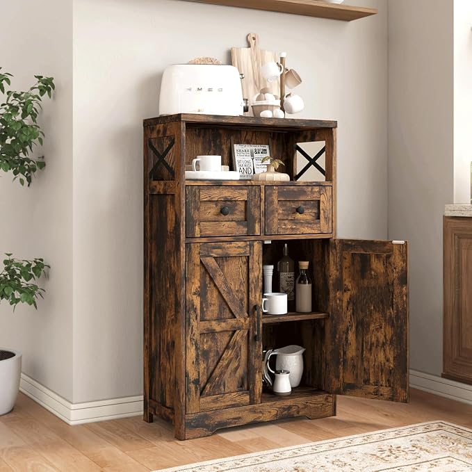 Befrases Farmhouse Storage Cabinet with Drawers and Shelves, Kitchen Pantry Storage Cabinet, Floor Hutch Cupboard for Dining Living Room Home Office, Rustic Brown