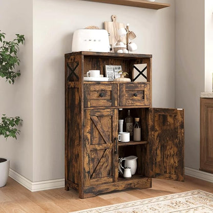Befrases Farmhouse Storage Cabinet with Drawers and Shelves, Kitchen Pantry Storage Cabinet, Floor Hutch Cupboard for Dining Living Room Home Office, Rustic Brown
