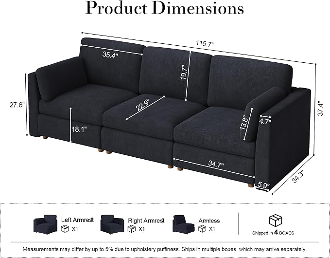 Oversized Modular Sectional Sofa 3 Seater Cloud Couches Blue | 115'' Deep Seat Couch for Living Room, Comfortable Luxury Sectional sofa, Solid Wood Frame, Removable Washable Cover