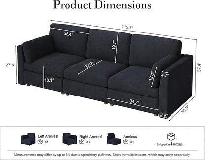 Oversized Modular Sectional Sofa 3 Seater Cloud Couches Blue | 115'' Deep Seat Couch for Living Room, Comfortable Luxury Sectional sofa, Solid Wood Frame, Removable Washable Cover