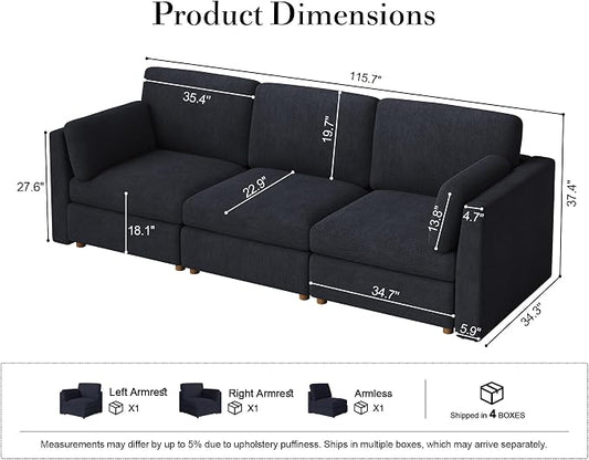 Oversized Modular Sectional Sofa 3 Seater Cloud Couches Blue | 115'' Deep Seat Couch for Living Room, Comfortable Luxury Sectional sofa, Solid Wood Frame, Removable Washable Cover