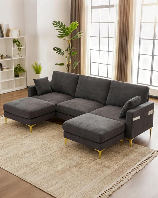 Karl home 99.6" 3-Seat U-Shaped Sectional Sofa, Gray | Chenille Upholstered, 2 Movable Ottomans, Cloud-Like Seat, 2 Throw Pillows, Comfy Deep Seat, Living Room, Apartment, Office
