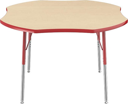 FDP Clover Activity School and Office Table (48 x 48 inch), Standard Legs with Swivel Glides for Collaborative Seating Environments, Adjustable Height 19-30 inches - Maple Top and Red Edge