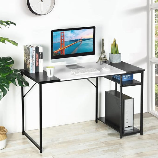 FurnitureR Computer Desk with Shelves for Small Spaces Simple Home Office Desk Study Writing Office Table Laptop PC Writing Desks (White, 55.1 Inch)