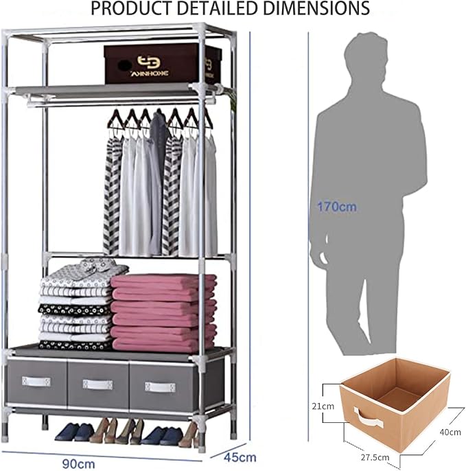 Portable Wardrobe Closet,Foldable Clothes Organizer with 3 Storage Box 35in Simple Non-Woven Fabric Wardrobe Multi-Functional Storage Cabinet with Cover and Hanging Rod-Khaki