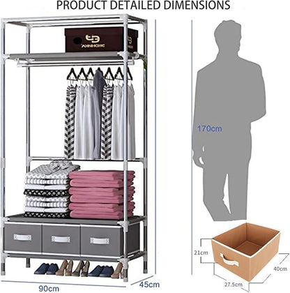 Portable Wardrobe Closet,Foldable Clothes Organizer with 3 Storage Box 35in Simple Non-Woven Fabric Wardrobe Multi-Functional Storage Cabinet with Cover and Hanging Rod-Khaki