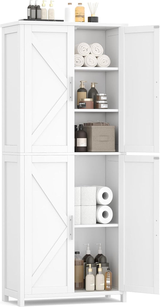 Akxomel Tall Bathroom Storage Cabinet, 11 x 22.8 x 63 Inches, Floor Cabinet with Barn Doors, Adjustable Shelf, Linen Pantry Cabinet for Kitchen, Laundry Room, Living Room, Entryway, White