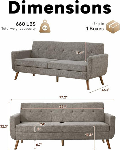 Tbfit 77.2" W Linen Sofa Couch, Mid Century Modern Decor Loveseat Couches for Living Room, Button Tufted Upholstered Small Couch for Bedroom, Solid, and Easy to Install Love Seats Furniture, Grey