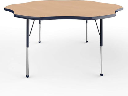 FDP Flower Activity School and Office Table (60 inch), Standard Legs with Ball Glides for Collaborative Seating Environments, Adjustable Height 19-30 inches - Maple Top and Navy Edge