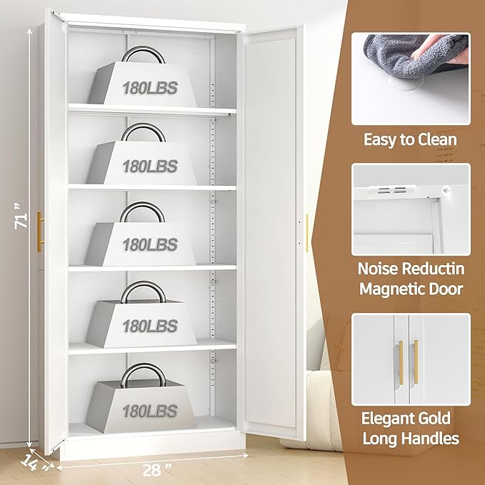 71” Tall Kitchen Pantry Cabinet, Metal Storage Cabinet with 2 Doors and 4 Adjustable Shelves for Kitchen, Living Room, Laundry Room
