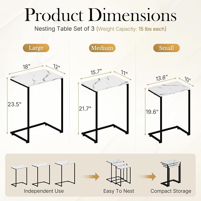 SUPER DEAL Nesting Tables Set of 3, Industrial C Shaped End Table Stackable Coffee Table Heavy Duty Metal Frame for Small Space, Living Room, Bedroom, Side Table Tray for Laptop Snack, White