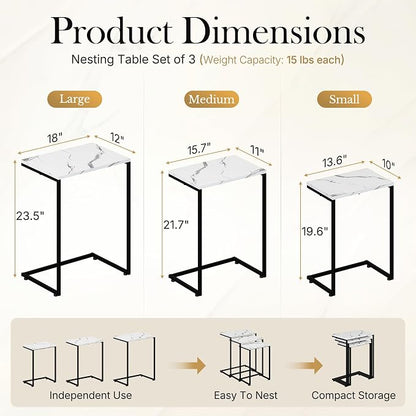 SUPER DEAL Nesting Tables Set of 3, Industrial C Shaped End Table Stackable Coffee Table Heavy Duty Metal Frame for Small Space, Living Room, Bedroom, Side Table Tray for Laptop Snack, White