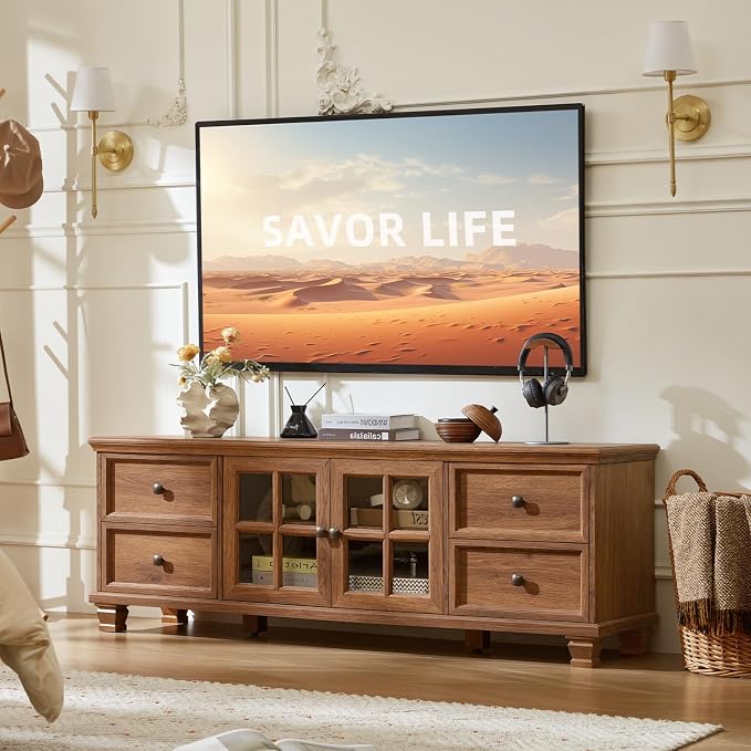 SAVOR LIFE Farmhouse TV Stands for Living Room, Rustic Entertainment Center with 4 Drawers & Thickened Top & Square Wooden Legs for 65 inch TV, Brown