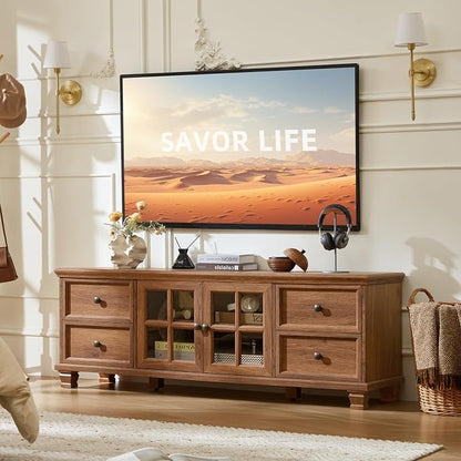 SAVOR LIFE Farmhouse TV Stands for Living Room, Rustic Entertainment Center with 4 Drawers & Thickened Top & Square Wooden Legs for 65 inch TV, Brown
