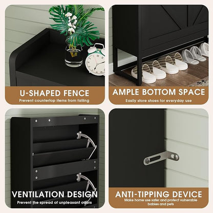 GRUSIGN Shoe Cabinet, Shoe Storage Cabinet with 2 Flip Drawers & Adjustable Shelf, Space-Saving Shoe Organizer – Holds 16+ Pairs, Narrow Shoe Cabinet Storage for Entryway/Hallway（Black）