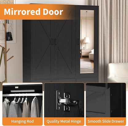 3 Doors Armoire Wardrobe Closet with Mirror Door and LED Lights,Bedroom Armoire with Drawers,Large Capacity Freestanding Armoire with Hanging Rod,Adjustable Shelves and Hooks(Black)