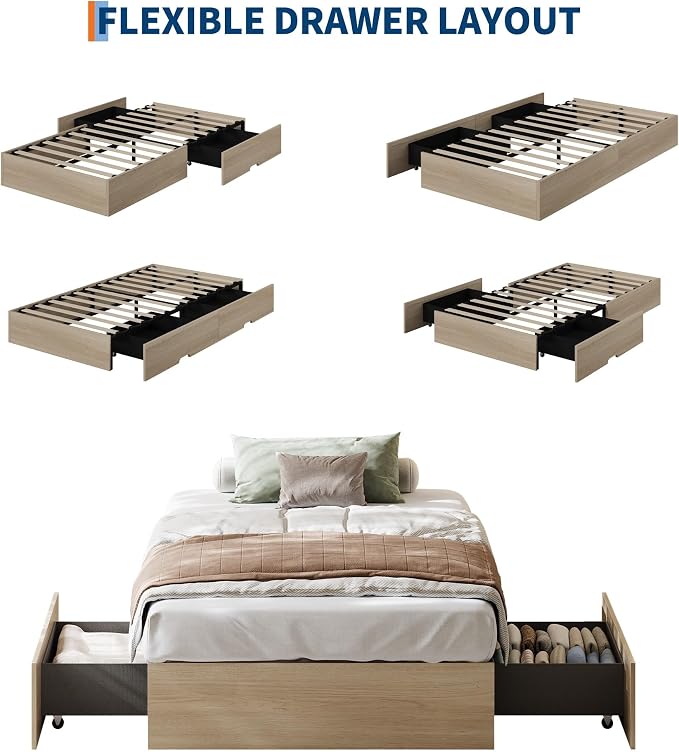 Garvee Twin Bed Frame with 2 Storage Drawers, Wood Platform Floor Bed Frame Without Headboard, Wood Slat Support, No Box Spring Needed, Easy Assembly