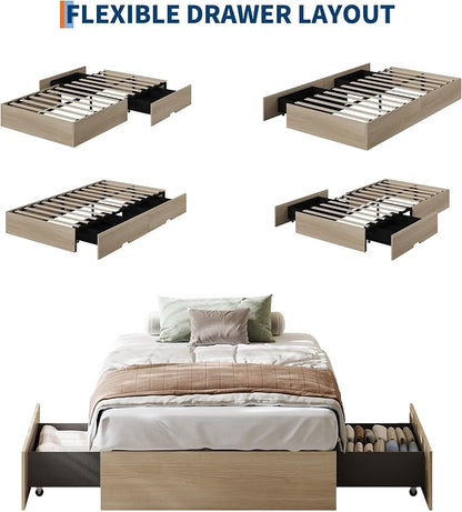 Garvee Twin Bed Frame with 2 Storage Drawers, Wood Platform Floor Bed Frame Without Headboard, Wood Slat Support, No Box Spring Needed, Easy Assembly