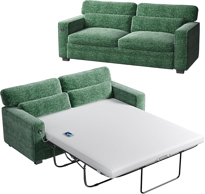 Marsail Pull Out Sofa Bed, Queen Size Sleeper Sofa with Memory Foam Mattress, 2-in-1 Convertible Chenille Couch Bed with 2 USB Charging and Removable Covers, Loveseat for Living Room, Apartment, Green