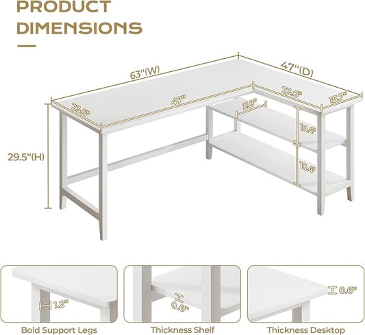 IOTXY Reversible L-Shaped Office Desk - 63" Extra Large Corner Computer Table with Storage Shelves, Solid Wood Legs, Home Writing & Study Workstation, White