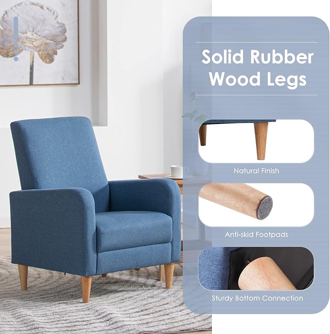 COLAMY Mid-Century Modern Accent Chair, Fabric Upholstered Living Room Chair with Back Pillow & Solid Wood Legs, Comfy Armchair for Living Room, Bedroom, Single Sofa, Blue
