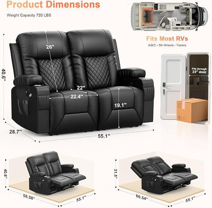 RV Loveseat Recliner Sofa, Reclining Loveseat Wall Hugger Recliners with USB Ports, Cup Holders, Insert Pockets, RV Recliners for Travel Trailers & Living Room, RV Furniture | RV Couch | Black