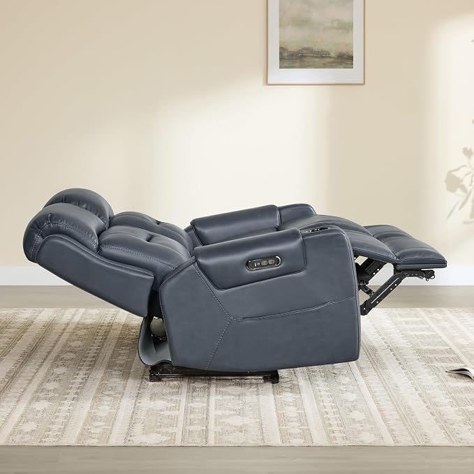Watson & Whitely Genuine Leather Power Recliner Sofa, Lay Flat Reclining Sofa with Storage Console, Power Headrest & Cup Holders, 3 Seater Electric Reclining Couch for Living Room, Navy Blue