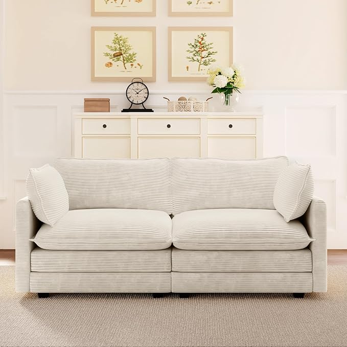 ROWHY 78'' Sectional 2 Seat Cloud Loveseat with 2 Throw Pillows, Modern Corduroy Love Seat, Cozy Sofa for Living Room, Office and Bedroom, Beige