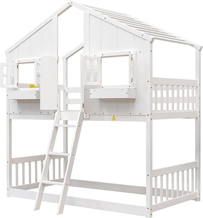 Twin over Twin House Bunk Bed with Roof,Windows,Door,Window Boxes,Safety Guardrails & Ladder,Pine Wood Frame,Low-Height Kids Bunk Beds for Bedrooms,Playful Loft Bed with Easy Assembly, White