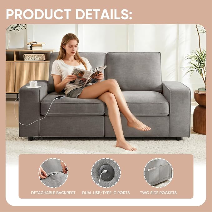 Waxberry 71" Chenille Loveseat Sofa Couch for Living Room with Seat Storage, Modern 2-Seater Deep Seat Sofa with Side Pockets & Type-C/USB Ports, Detachable Backrest for Office, Apartment (Grey)