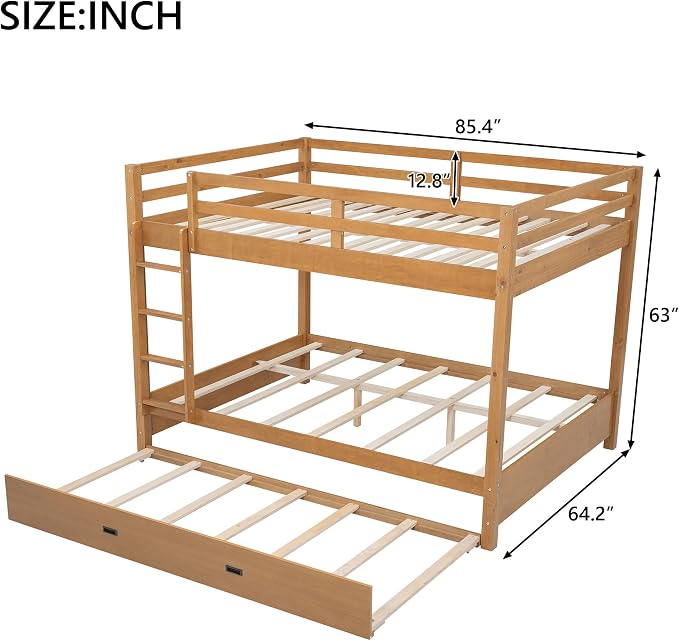 Merax Wood Queen Bunk Bed with Twin XL Trundle & Ladder - Space-Saving Design, Sturdy Frame & Guard Rails,Wood Color