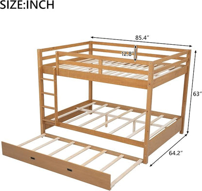 Merax Wood Queen Bunk Bed with Twin XL Trundle & Ladder - Space-Saving Design, Sturdy Frame & Guard Rails,Wood Color