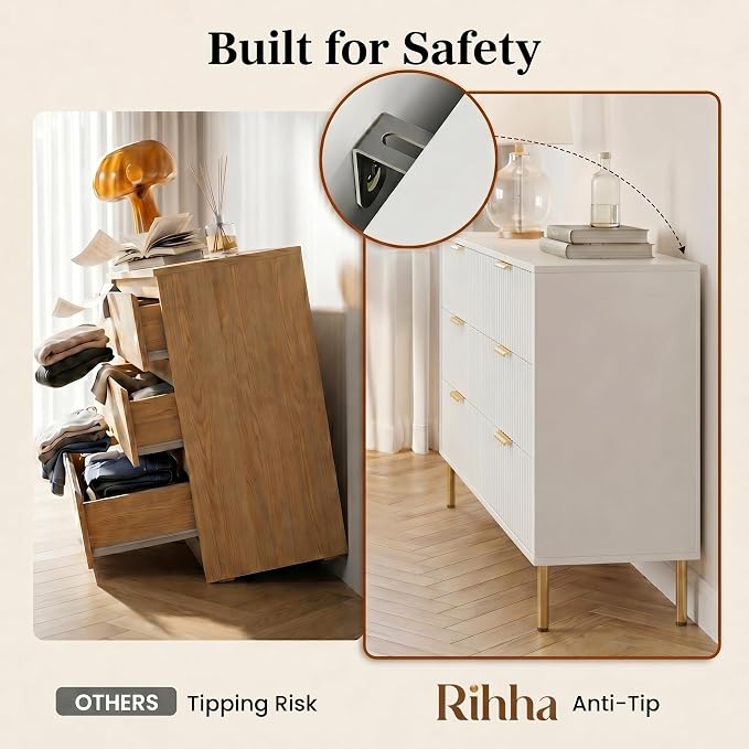 White and Gold Bedroom Furniture Set, 3 Piece Fluted Dresser and Nightstand Set with Gold Handles, 47" Dresser and Two 24" Bedside Tables