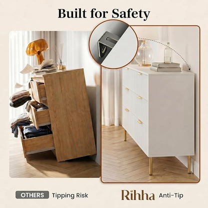 White and Gold Bedroom Furniture Set, 3 Piece Fluted Dresser and Nightstand Set with Gold Handles, 47" Dresser and Two 24" Bedside Tables