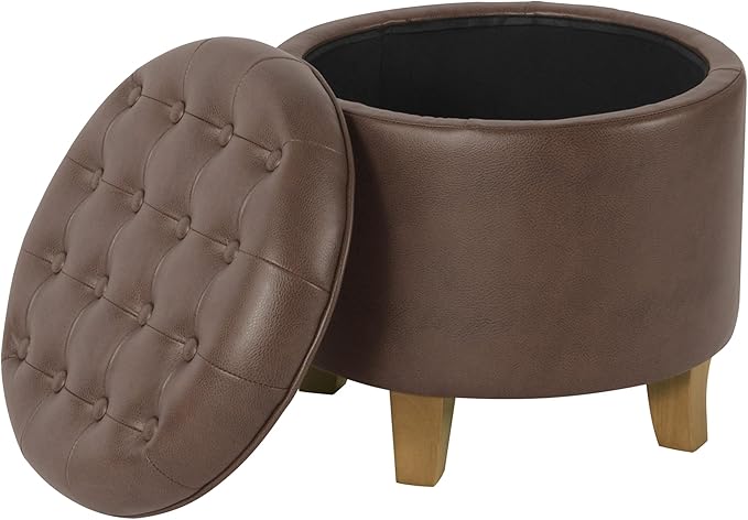 HomePop 19" Faux Leather Button Tufted Round Storage Ottoman - Brown