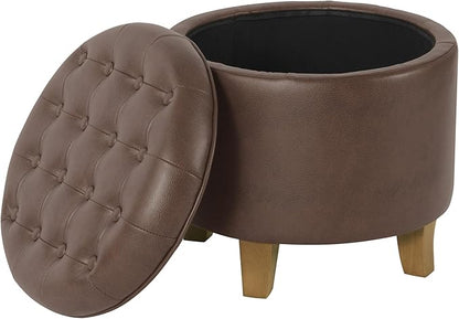 HomePop 19" Faux Leather Button Tufted Round Storage Ottoman - Brown