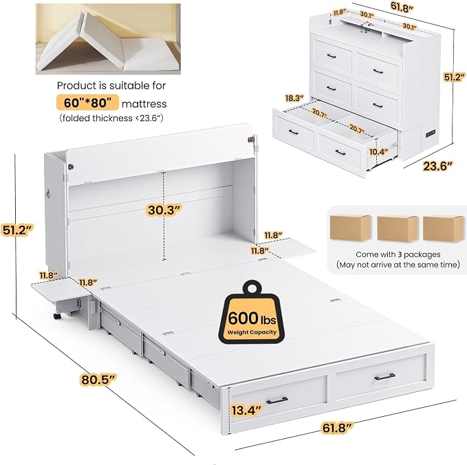 Kikihouse Murphy Bed with Storage & Charging Station, Queen Size Murphy Cabinet Bed Hideaway Bed with Motion Sensor Lights for Bedroom/Guest Room/Office, Foldable Platform Bed Frame, White