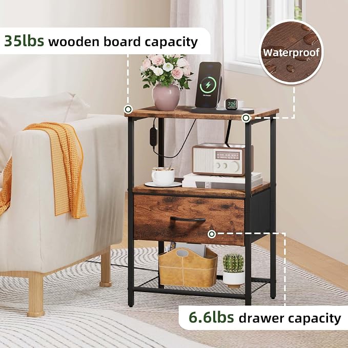 Somdot Nightstand Set of 2 with Charging Station and LED Light for Bedroom, Bedside Table End Table for Dorm Guest Room Bedside Kids Laundry Closet Entryway Hallway, Wood Grain Print