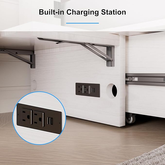 PUREMIND Queen Murphy Bed with Mattress Included, Murphy Cabinet Bed with Storage Drawer, Built-in Charging Station, Solid Wood Frame, Space-Saving Cabinet Beds for Small Spaces/Guest Room (White)
