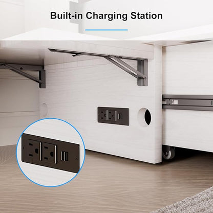 PUREMIND Queen Murphy Bed with Mattress Included, Murphy Cabinet Bed with Storage Drawer, Built-in Charging Station, Solid Wood Frame, Space-Saving Cabinet Beds for Small Spaces/Guest Room (White)