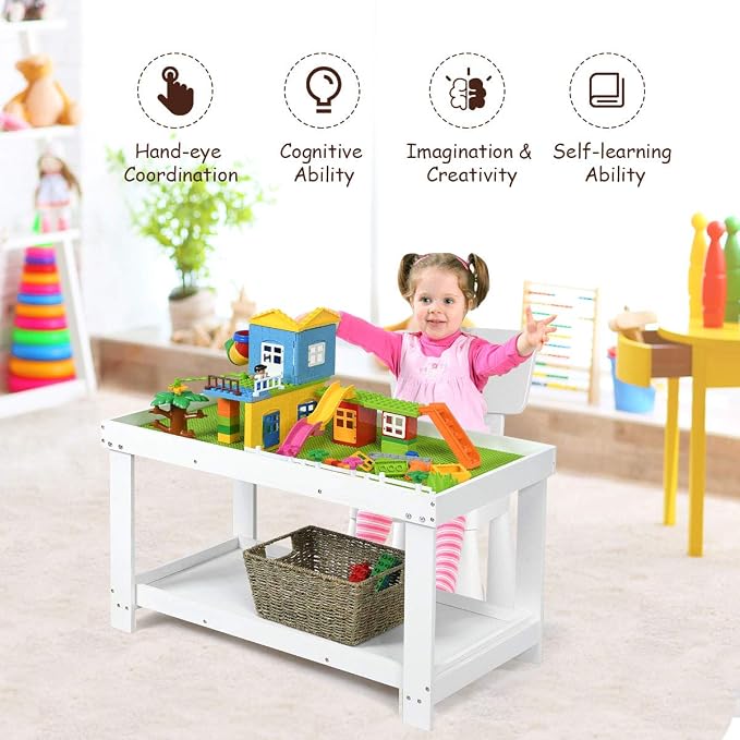 Costzon 2 in 1 Kids Activity Table w/Storage, Patented Building Block Table w/Board for Bricks Crafts Arts Draw, Children Solid Wood Play Table Desk for Preschool Toddler Boy & Girl Gift, White
