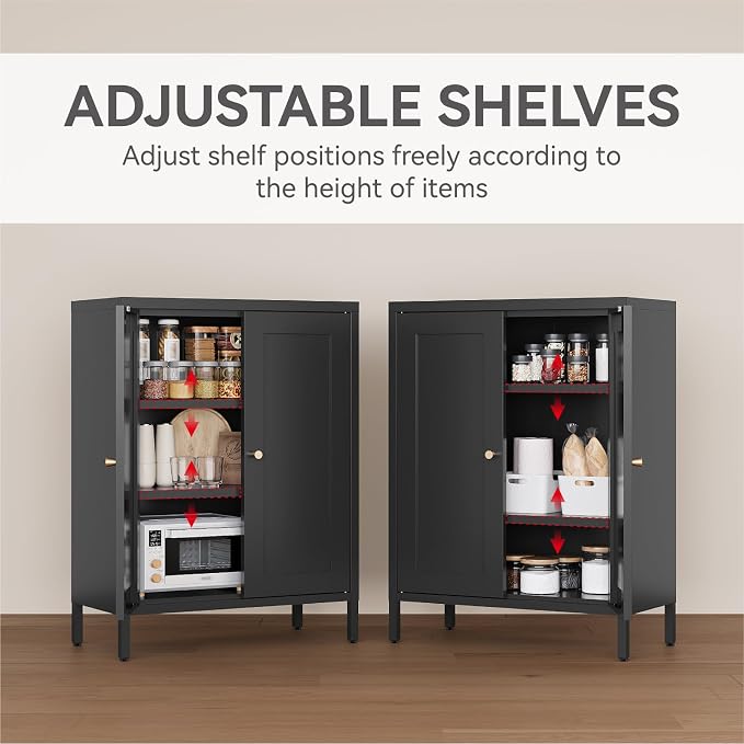 Metal Bathroom Cabinet, Small Floor Storage Cabinet, Freestanding Sideboard with 2 Adjustable Shelves for Living Room, Dining Room
