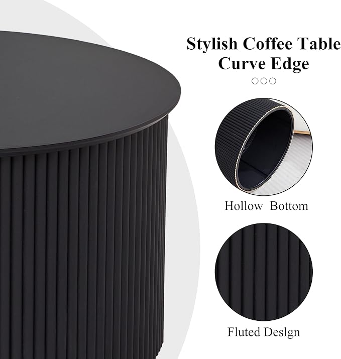 Fluted Round Nesting Coffee Table Set of 2, Mid Century Modern Wood Coffee Tables and End Table Set, Circle Side Table Minimalist Center Tables for Living Room, Office(Black)