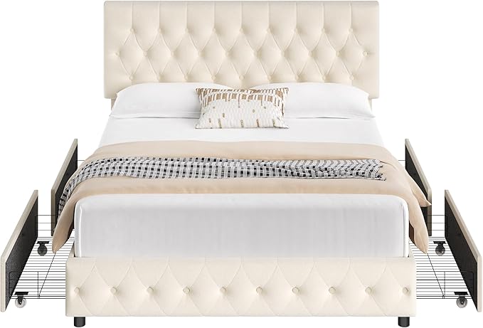 Keyluv King Size Upholstered Platform Bed Frame with 4 Storage Drawers, Modern Beige Velvet Bed with Adjustable Button Tufted Headboard, Solid Wooden Slat Support, Easy Assembly