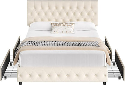 Keyluv King Size Upholstered Platform Bed Frame with 4 Storage Drawers, Modern Beige Velvet Bed with Adjustable Button Tufted Headboard, Solid Wooden Slat Support, Easy Assembly