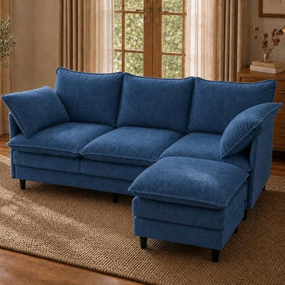 69 Inch Small Sofa Couch with Ottoman, L Shape Sectional Couch 3 Seats with Cloud 2 Layer Cushion, 22.8” Deep Seat, Washable Pillows for Small Spaces, Living Room, Apartment, Office, Chenille, Blue
